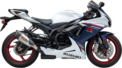 YOSHIMURA Street AT2 stainless steel exhaust with carbon fiber end cap for motorcycle, showcasing the sleek design and polished finish.