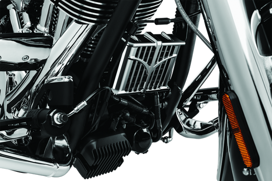 Kuryakyn chrome oil cooler cover for 2014-2023 Indian motorcycle models, showcasing a sleek protective accessory.