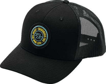QuadBoss hi-vis reflective trucker cap with adjustable snapback and bold branding, designed for visibility and comfort.