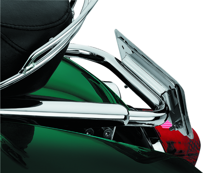 Chrome Kuryakyn Laydown License Plate Holder for Harley Davidson Touring models 97-08, designed for a sleek, streamlined appearance.