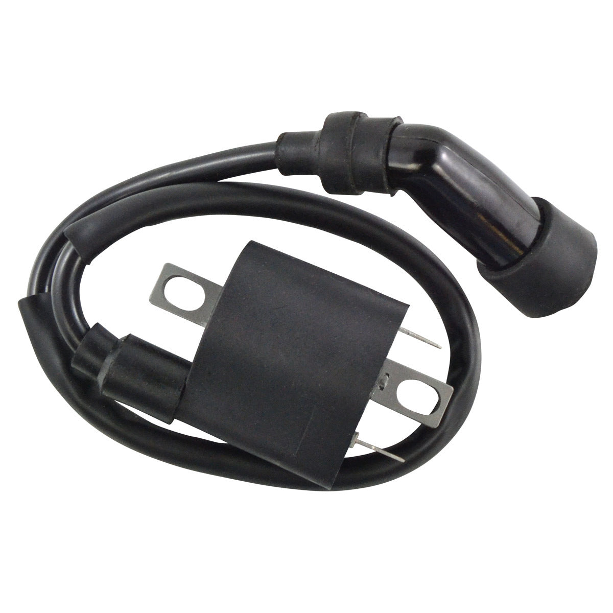 RM STATOR external ignition coil with spark plug cap for motorcycle, shown with wiring and coil housing.