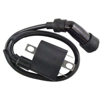 RM STATOR external ignition coil with spark plug cap for motorcycle, shown with wiring and coil housing.