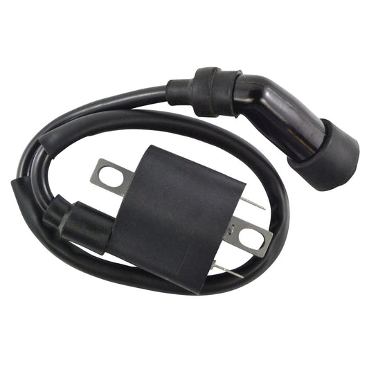 RM STATOR external ignition coil with spark plug cap for motorcycle, shown with wiring and coil housing.