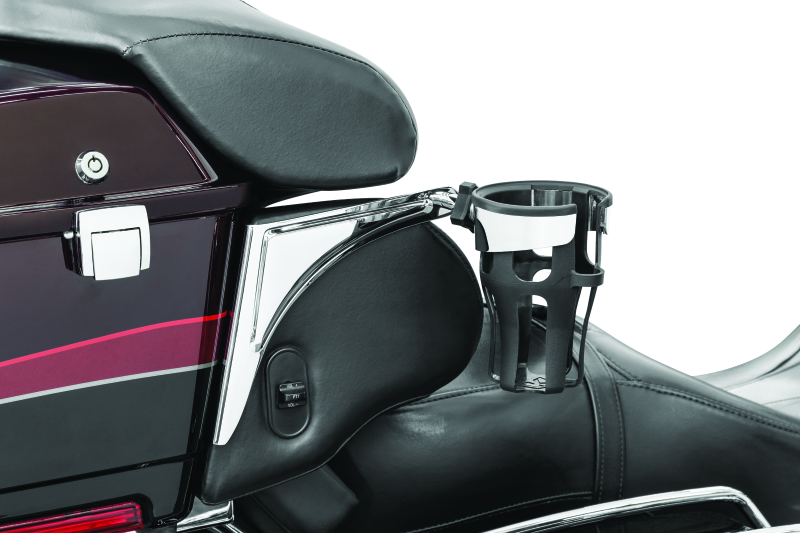 Chrome Kuryakyn Reflex Drink Holder for Harley-Davidson Touring Models attached to motorcycle handlebar.