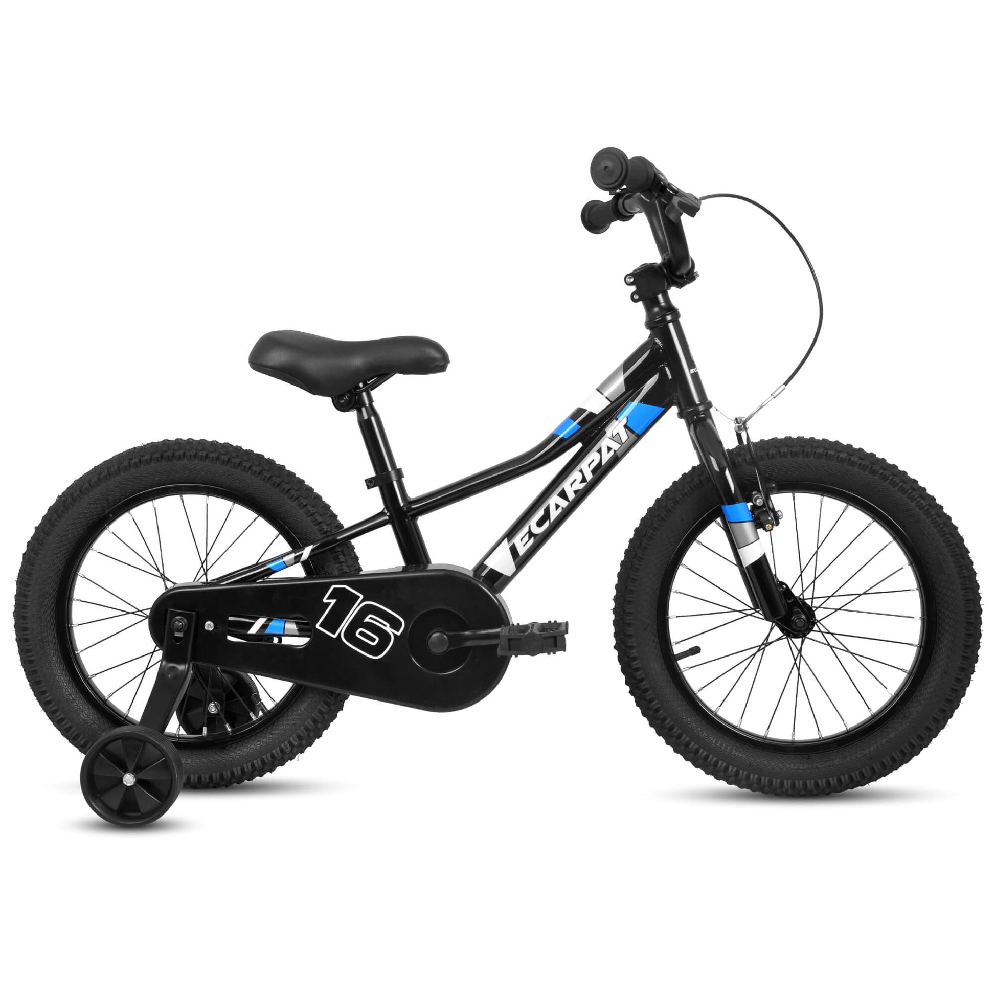 Hycline Ecarpat 16-inch kids' bicycle with training wheels, black frame, and colorful handlebar grips for young riders.