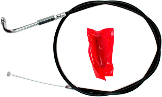 Motion Pro black vinyl throttle cable for motorcycles, OEM-quality replacement, with metal fittings and durable construction.