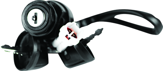 QuadBoss ignition switch for Yamaha YFM550/660 Grizzly ATV, showing the black plastic key cylinder and wiring connections.