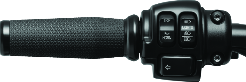 Kuryakyn Thresher grips for throttle-by-wire motorcycles, black ergonomic hand grips with shark tooth knurling design.
