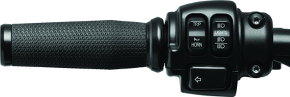 Kuryakyn Thresher grips for throttle-by-wire motorcycles, black ergonomic hand grips with shark tooth knurling design.