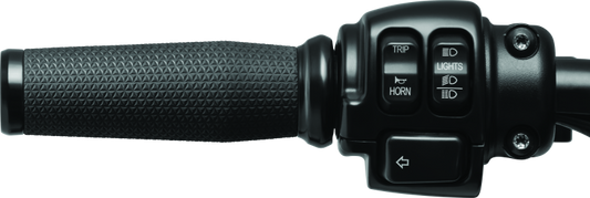 Kuryakyn Thresher grips for throttle-by-wire motorcycles, black ergonomic hand grips with shark tooth knurling design.