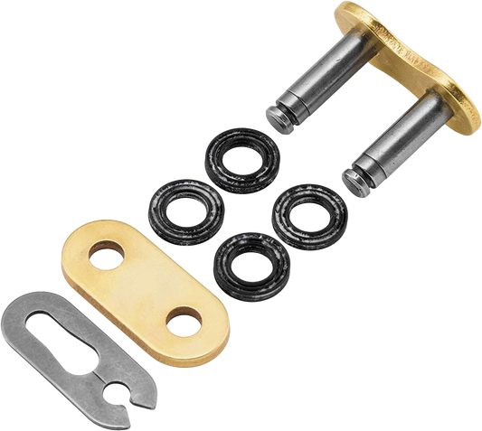 RK EXCEL GB520XRE drive chain with gold clip master link, durable motorcycle chain with high-performance design.