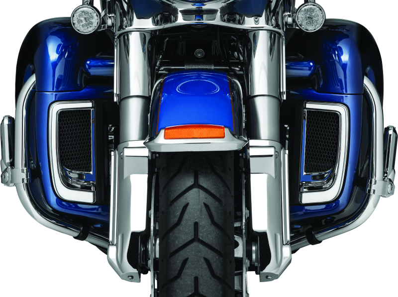 Chrome Kuryakyn Tracer Lower Fairing Grill for Harley Davidson Touring models, showcasing the sleek, reflective finish and detailed design.