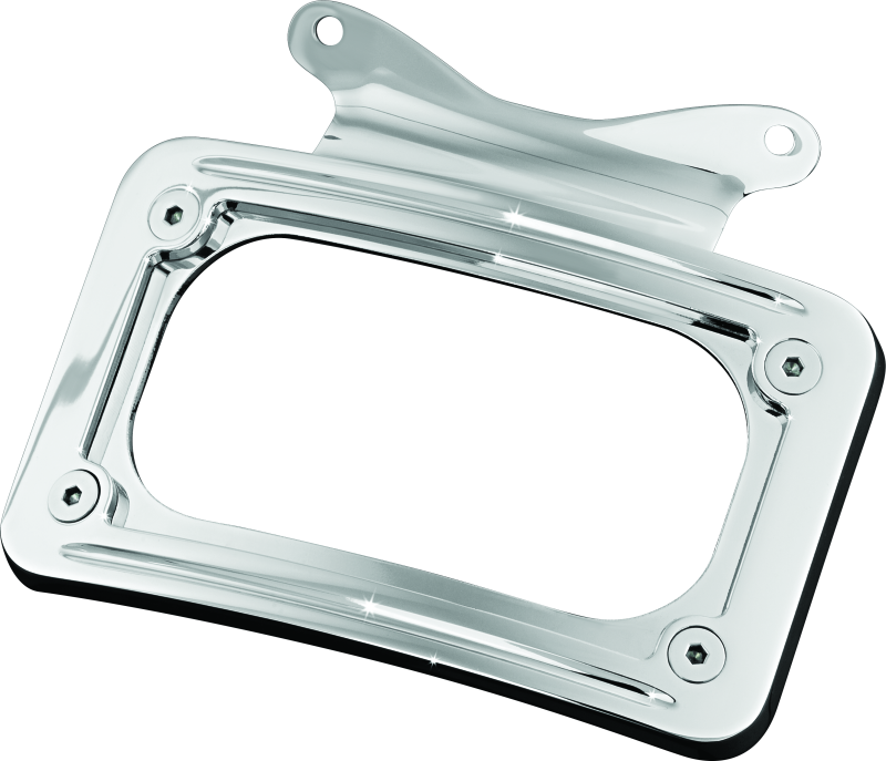 Kuryakyn chrome curved license plate mount for Harley-Davidson Street Glide and Road Glide motorcycles.
