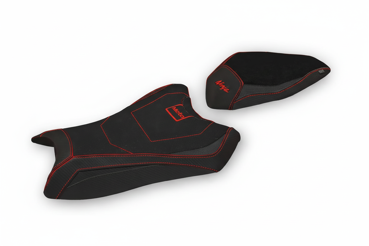 Black and red Kawasaki Ninja ZX6R 2019-2025 seat cover by Bill's Exhausts, designed for comfort and durability.