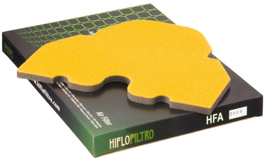 Hiflofiltro HFA2604 air filter for high-performance engines, showing the clean, cylindrical filter element with black frame.