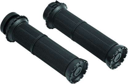 Kuryakyn Riot Grips Dual Cable Satin Black for 1-inch bars, motorcycle handlebar grips with ergonomic design and textured surface.