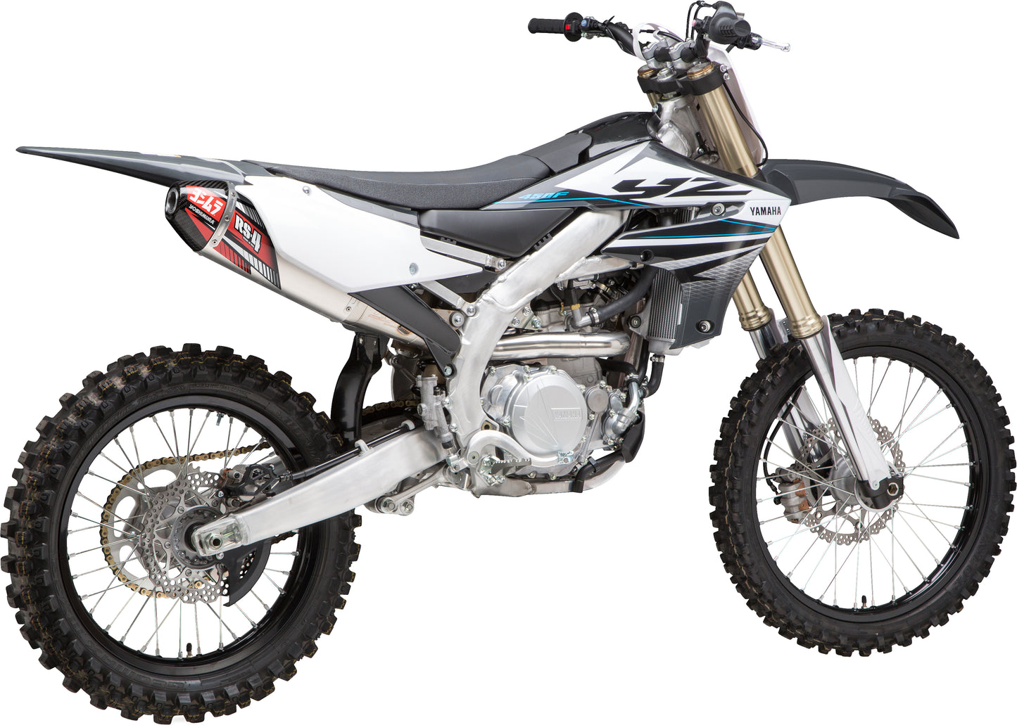 YOSHIMURA RS-4 exhaust slip-on with header, canister, and end cap, showcasing the sleek stainless steel design and polished finish.