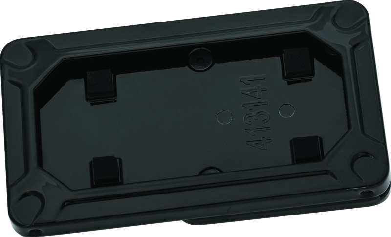 Kuryakyn Nova side mount license plate frame for Harley Davidson in gloss black, showing the sleek, durable design with mounting hardware.
