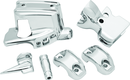 Chrome handlebar control dress-up kit for Harley Davidson touring models by Kuryakyn, featuring polished chrome accents and installation parts.