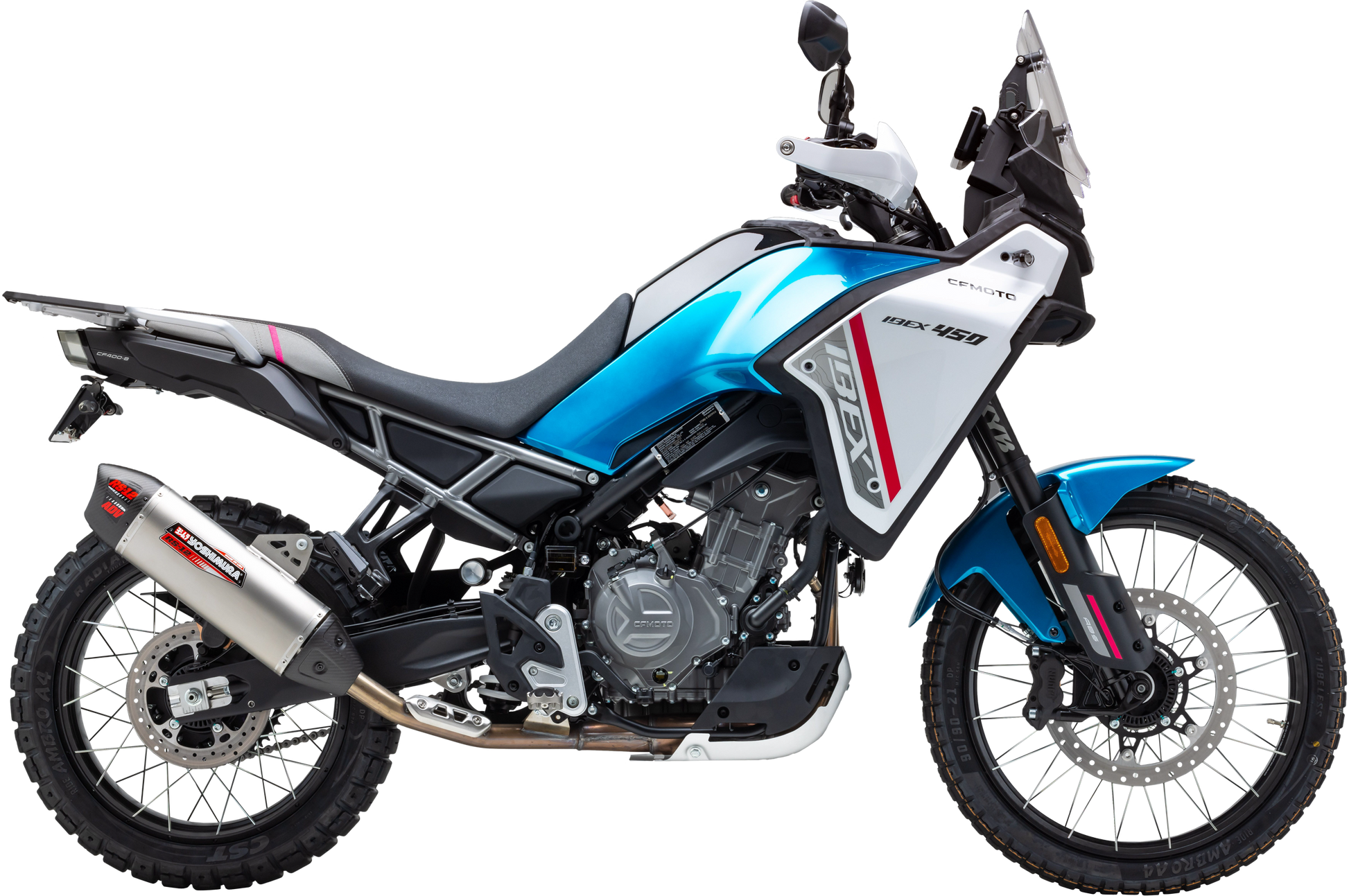 YOSHIMURA RS-12 ADV slip-on exhaust system for off-road vehicles, shown with metal muffler and mounting components.