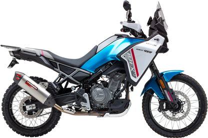 YOSHIMURA RS-12 ADV slip-on exhaust system for off-road vehicles, shown with metal muffler and mounting components.