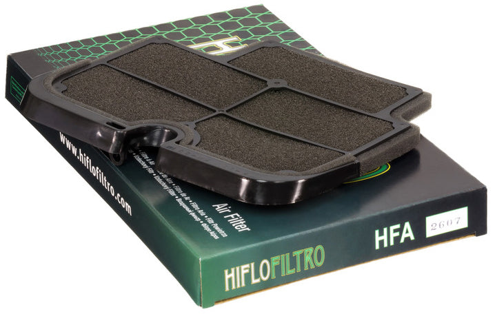 Hiflofiltro HFA2607 air filter for high-performance engines, showing a clean, cylindrical filter element with brand label.