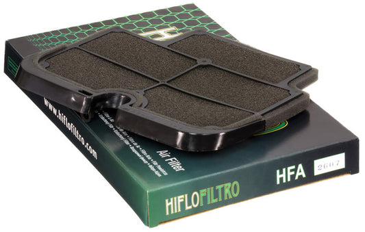 Hiflofiltro HFA2607 air filter for high-performance engines, showing a clean, cylindrical filter element with brand label.