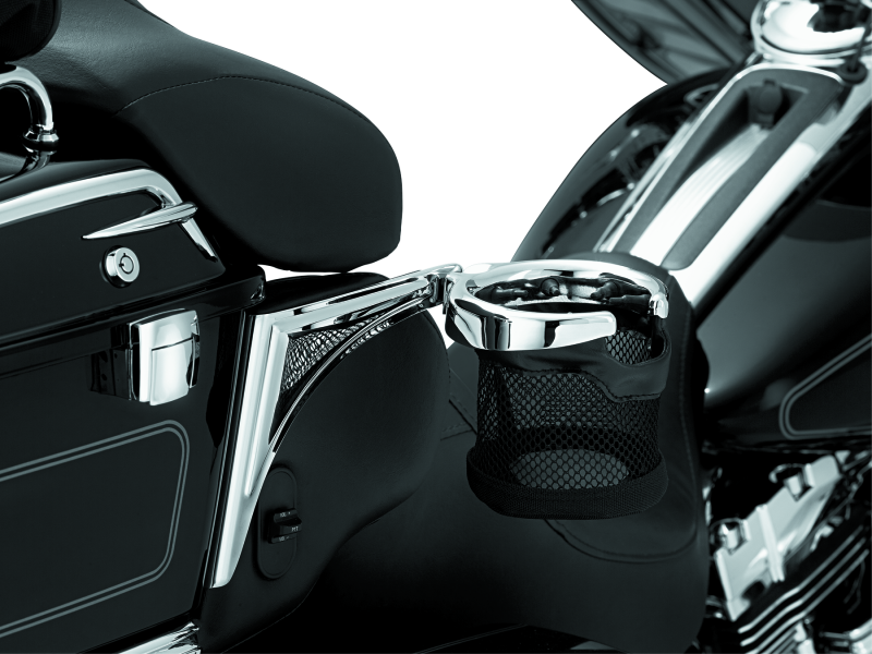 Kuryakyn passenger drink holder with basket for 1998-2013 touring motorcycle, chrome right side accessory part #1482