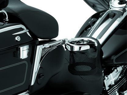 Kuryakyn passenger drink holder with basket for 1998-2013 touring motorcycle, chrome right side accessory part #1482