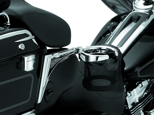 Kuryakyn passenger drink holder with basket for 1998-2013 touring motorcycle, chrome right side accessory part #1482
