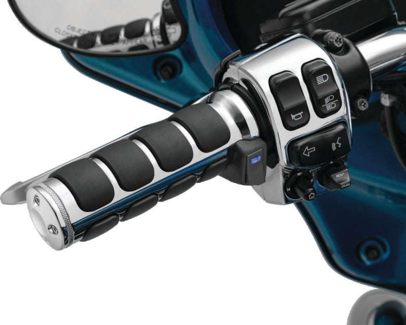 Kuryakyn Heated ISO Grips with dual cables in chrome for Harley-Davidson motorcycles, featuring textured grip surfaces.