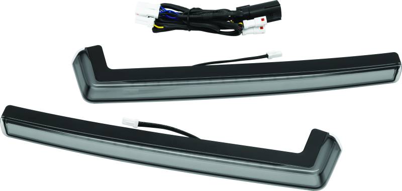 Kuryakyn Tracer Tour-Pak side lights with red and smoke lenses for Harley Davidson motorcycle, showing the LED lights installed on the side.