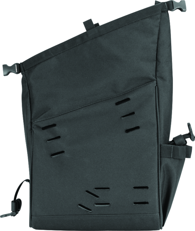 Kuryakyn Hoodrat Universal Swingarm Bag attached to a powersports motorcycle's swingarm, showcasing durable storage for rides.