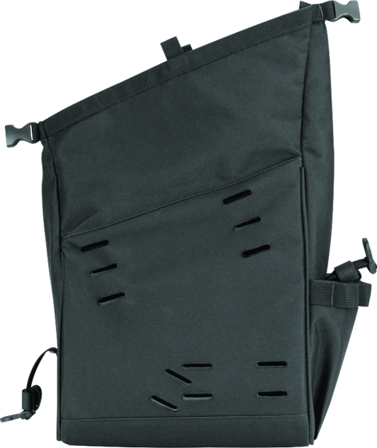 Kuryakyn Hoodrat Universal Swingarm Bag attached to a powersports motorcycle's swingarm, showcasing durable storage for rides.