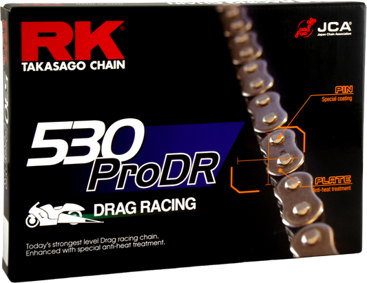 RK EXCEL 530PRODR Pro Drag Racing Chain for high-performance drag racing, featuring durable construction and precision engineering.