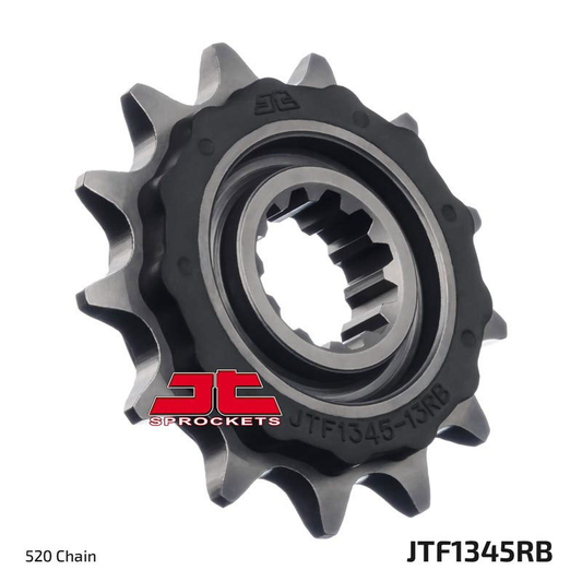 JT front chain sprocket with rubber cushion, 13-tooth for 520 chains, featuring durable metal teeth and cushioning for smooth operation.