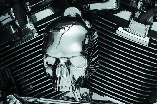 Chrome Kuryakyn Skull Horn Cover with Waterfall Style Horn for Harley-Davidson motorcycles, fits 2017 and up models.