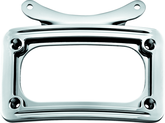 Chrome Kuryakyn curved license plate frame for motorcycles, featuring a stylish, sleek design to enhance bike's appearance