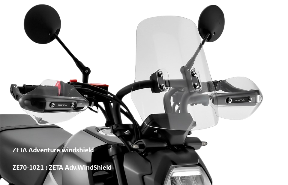 ZETA Windscreen Adventure for Honda ZE70-1021, clear motorcycle windscreen with mounting hardware, designed for ZETA adventure bikes