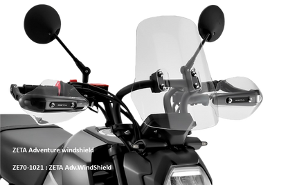 ZETA Windscreen Adventure for Honda ZE70-1021, clear motorcycle windscreen with mounting hardware, designed for ZETA adventure bikes