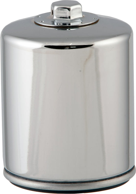 HIFLOFILTRO HF171CRC chrome motorcycle oil filter with a sleek, shiny finish and threaded connection for easy installation