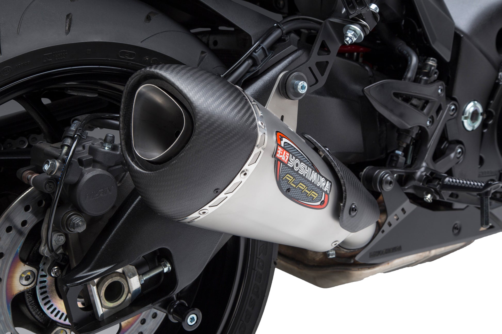 YOSHIMURA Alpha T Street SS/SS/CF exhaust with Works finish, showing the sleek stainless steel and carbon fiber construction.