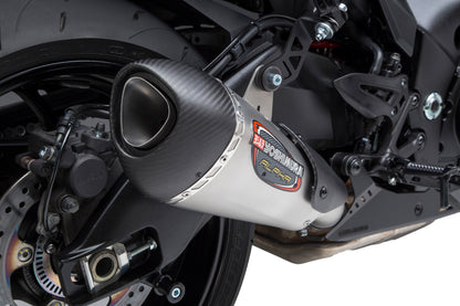 YOSHIMURA Alpha T Street SS/SS/CF exhaust with Works finish, showing the sleek stainless steel and carbon fiber construction.