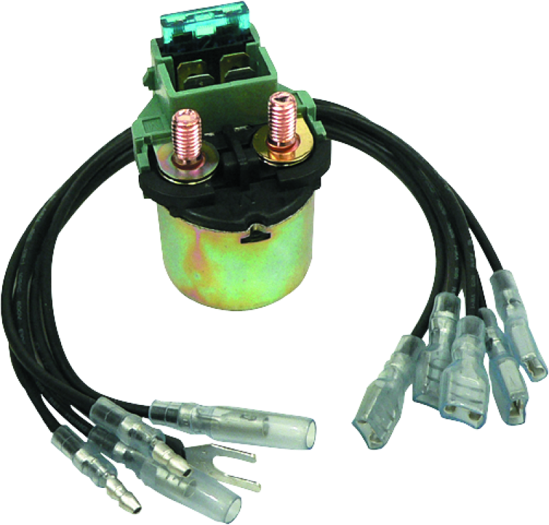 QuadBoss universal starter solenoid part #495275 for powersports equipment, shown in a close-up of the black solenoid component.