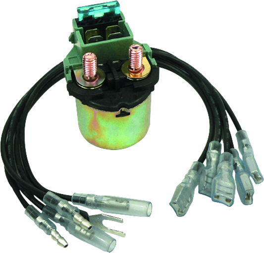 QuadBoss universal starter solenoid part #495275 for powersports equipment, shown in a close-up of the black solenoid component.