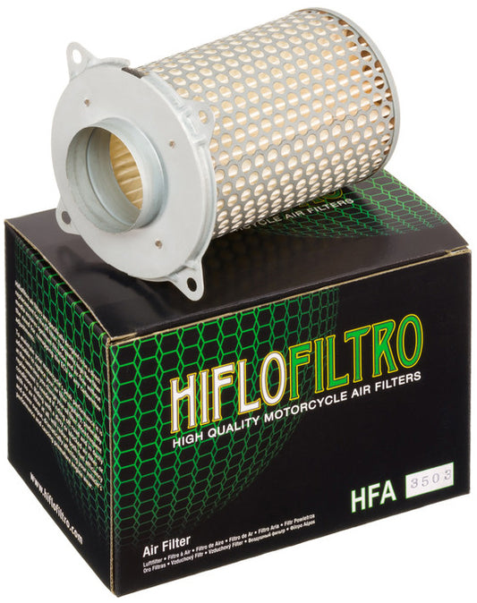 HIFLOFILTRO HFA3503 air filter for high performance engines, showing the clean, rectangular filter element with branded frame.