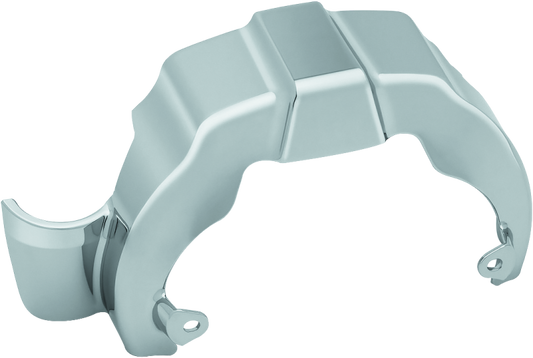 Chrome Kuryakyn Precision Transmission Shroud for Harley-Davidson motorcycles, featuring detailed design and high-quality finish.