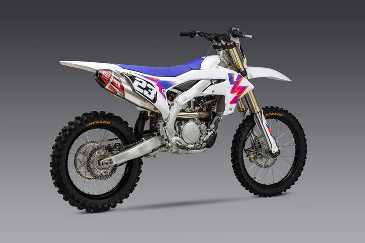 YOSHIMURA RS-4 slip-on exhaust for Yamaha YZ250F motorcycle, showing the sleek stainless steel muffler with branding.
