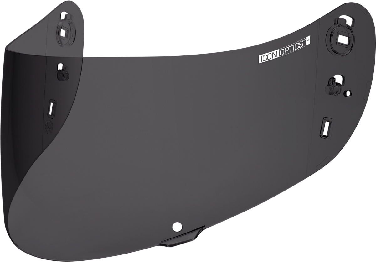 Dark smoke Pinlock-ready helmet shield from ICON Optics, compatible with motorcycle helmets, designed for clear visibility and protection.