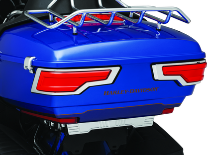 Kuryakyn Tracer Tour Pak rear lights with chrome finish and red lenses for Harley Davidson models, mounted on luggage trunk.